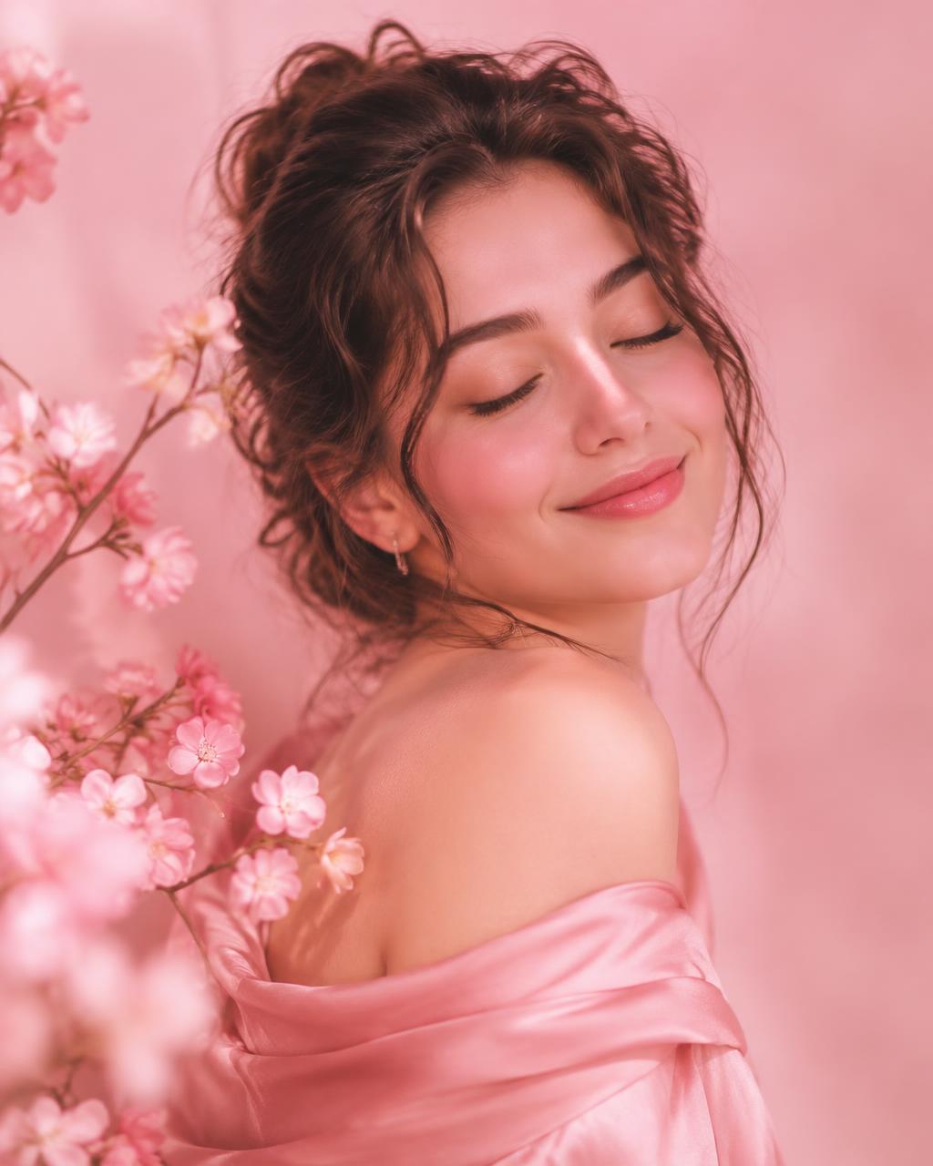Mulher sorrindo de olhos fechados entre flores